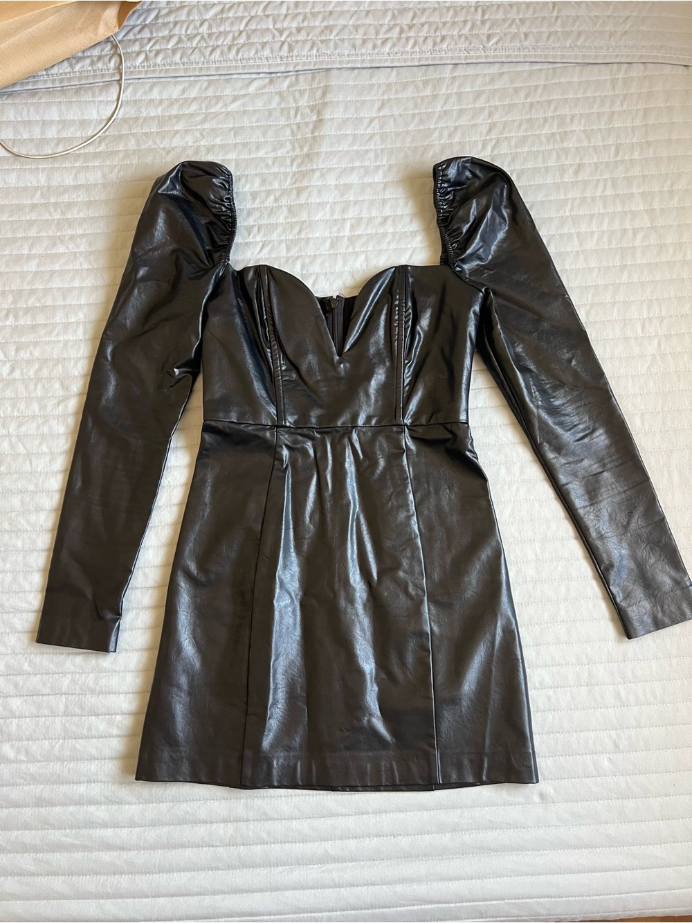 Black Faux Leather Puff-Sleeve Mini Dress